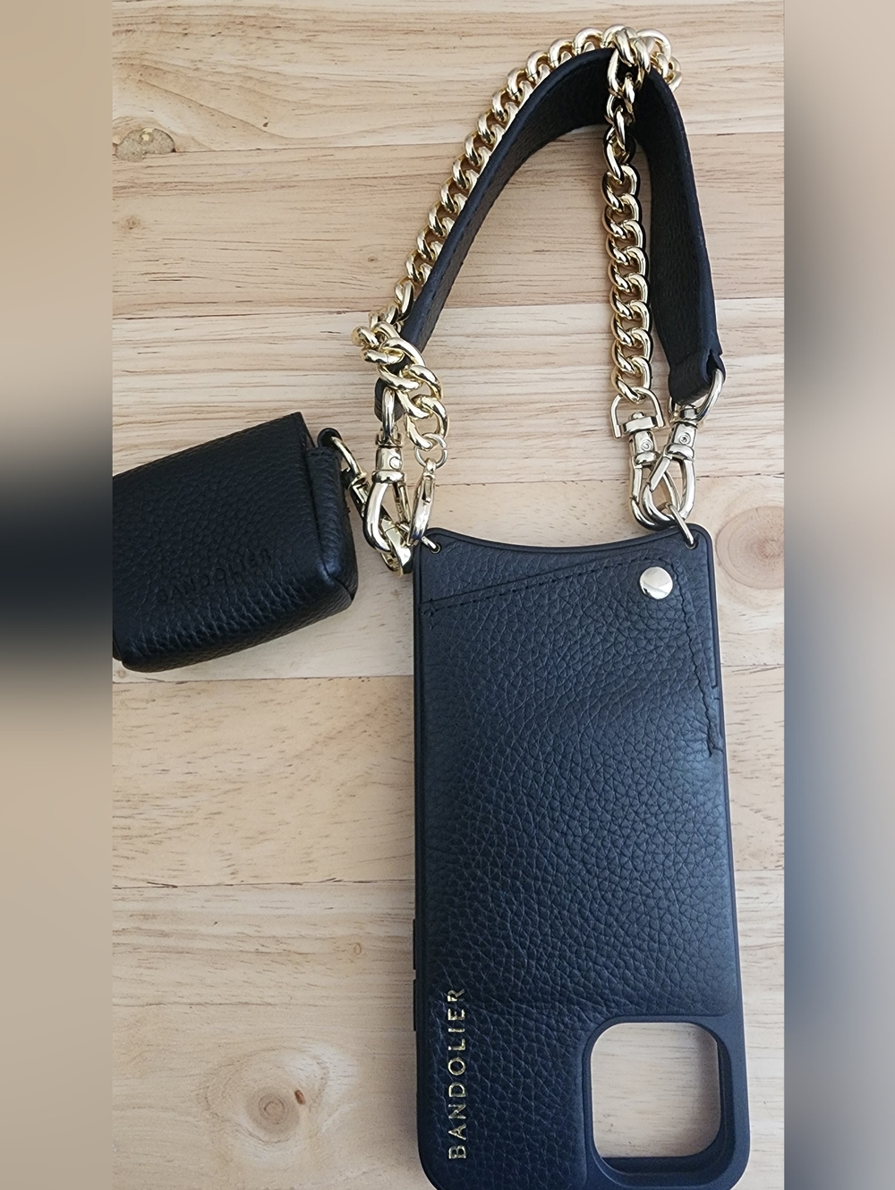 Bandolier Black Leather Phone Crossbody with Gold Chain